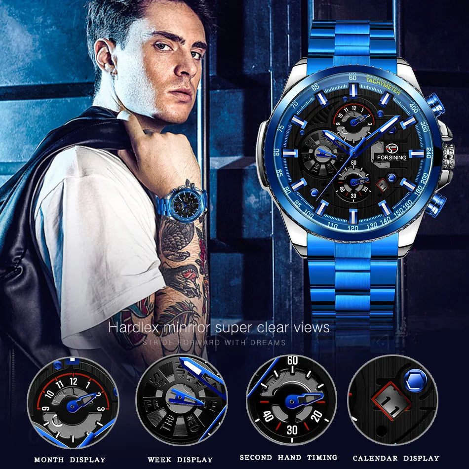 Excellence Sport Waterproof Luminous Blue Big Mechanical Watches Luxury Stainless Steel Men Watch Multifunctional Automatic Date Wristwatch