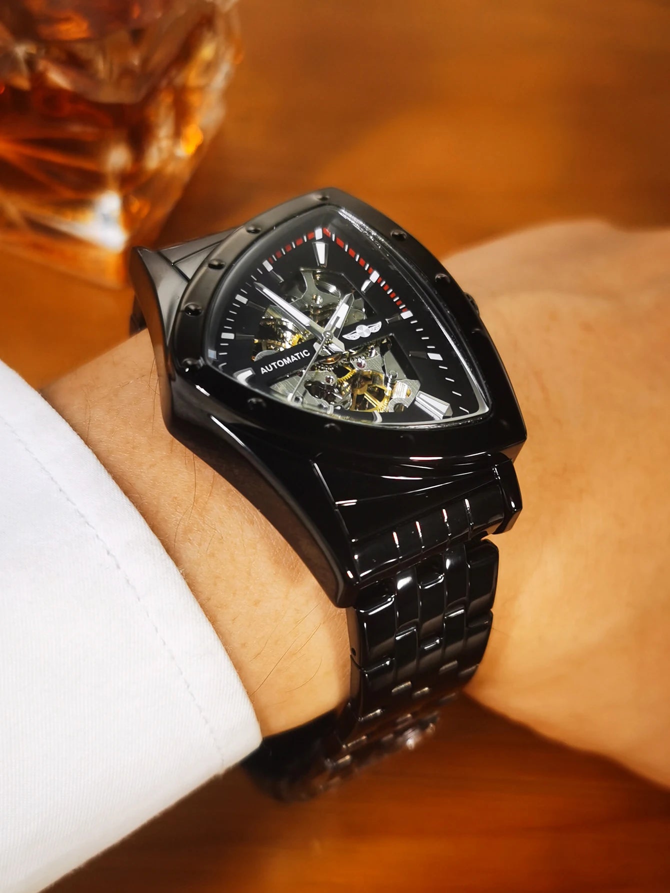 Excellence Military Triangle Skeleton Automatic Watch for Men Gold Sports Mechanical Watches Luxury Stainless Steel Strap Luminous