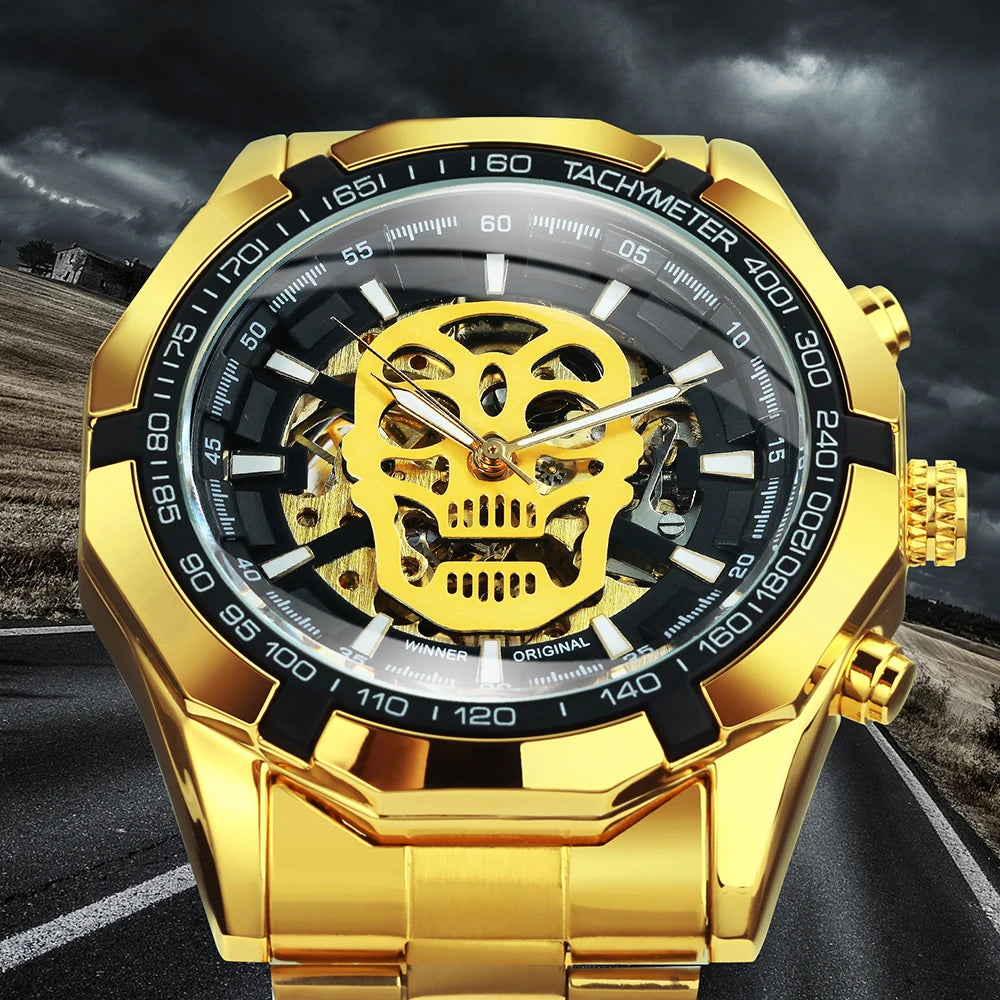 Excellence Classic Military Automatic Watch for Men Luminous Dial Sports Skull Skeleton Mechanical Watches Luxury Steel Band Clock