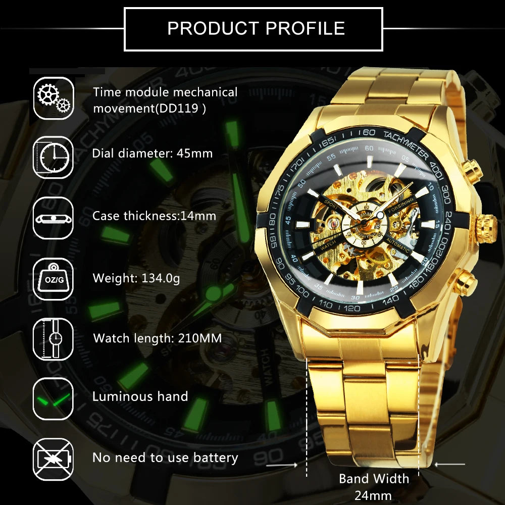 Excellence Classic Skeleton Watch for Men Luminous Hands Mechanical Watches Stainless Steel Strap Luxury Brand Forsining Wristwatch