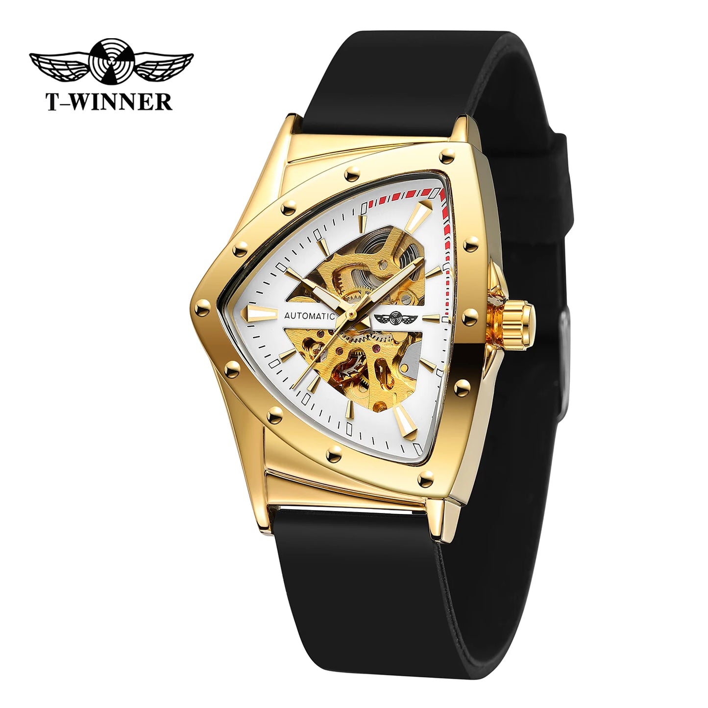 Excellence Military Triangle Skeleton Automatic Watch for Men Gold Sports Mechanical Watches Luxury Rubber strap Luminous