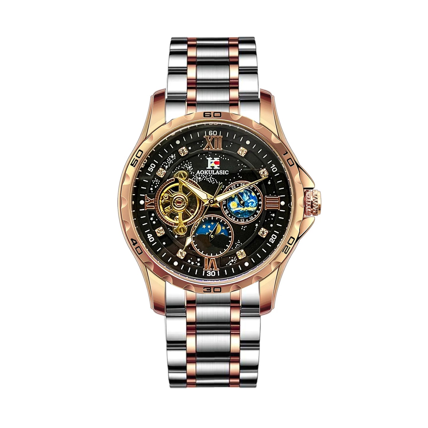 Excellence Tourbillon Skeleton Mechanical Watches Starry Sky Moon Phase Diamond Luminous Dial Steel Strap Luxury Brand Automatic Men's Watch