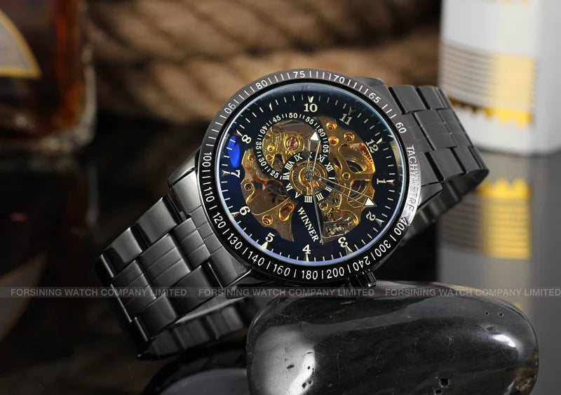 Excellence High End Luxury Blue Glass Stainless Steel Skeleton Mechanical Automatic Man Watches Fashion Classics Waterproof Male Watch