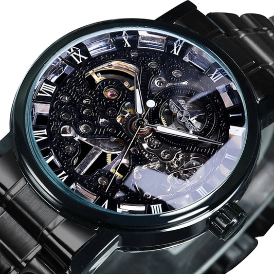 Excellence  Classic Black Skeleton Mechanical Watches Retro Luminous Hands Luxury Brand Automatic Men's Watch Stainless Steel Strap