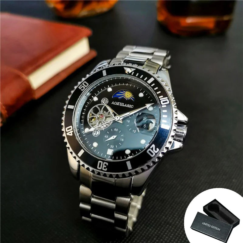 Excellence Moon Phase Skeleton Automatic Watch for Men Luminous Fashion Sports Tourbillon Mechanical Watches Stainless Steel Strap