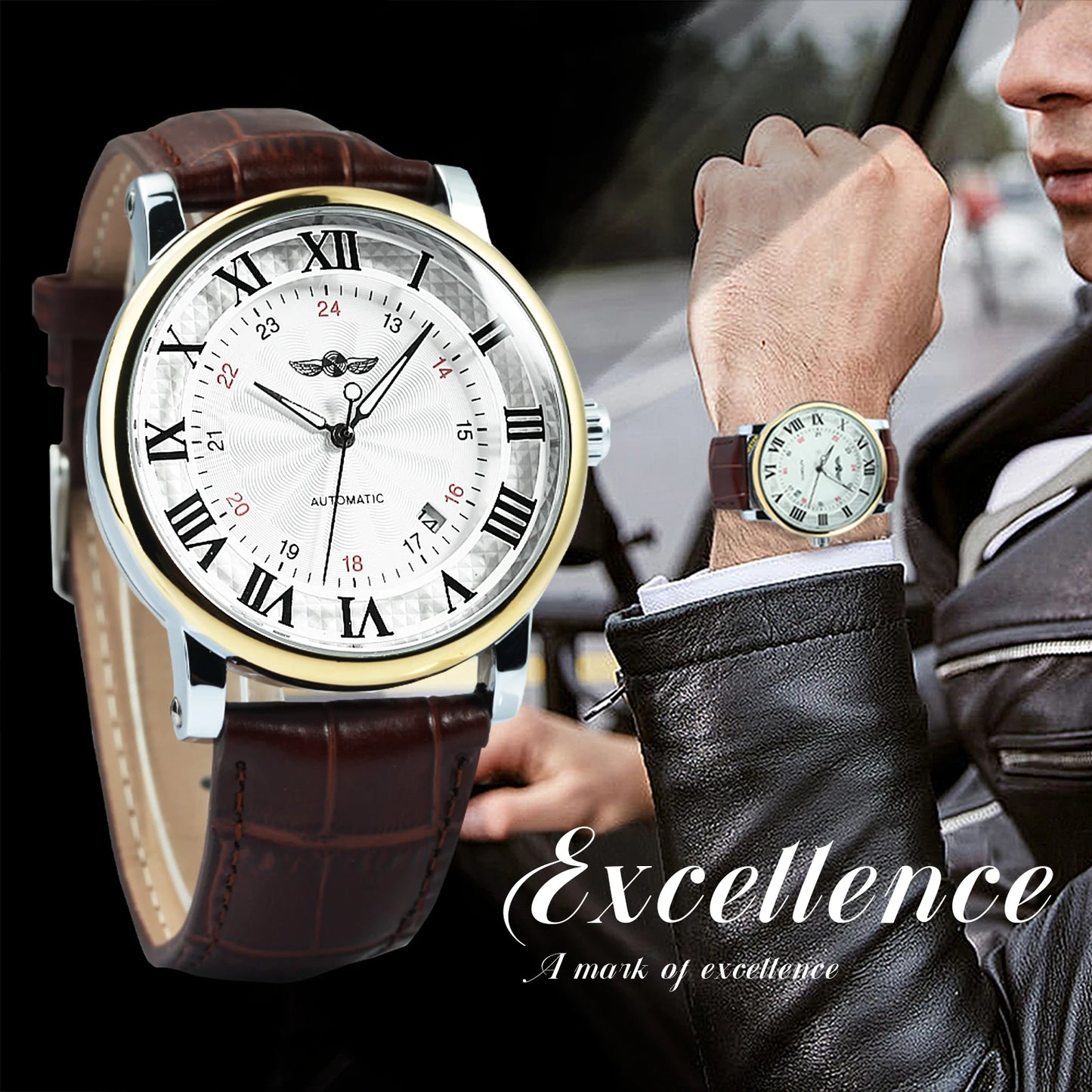 Excellence Fashion Business Mechanical Watches Date Display Minimalist Automatic Watch for Men Casual Brown Leather Strap Wristwatch