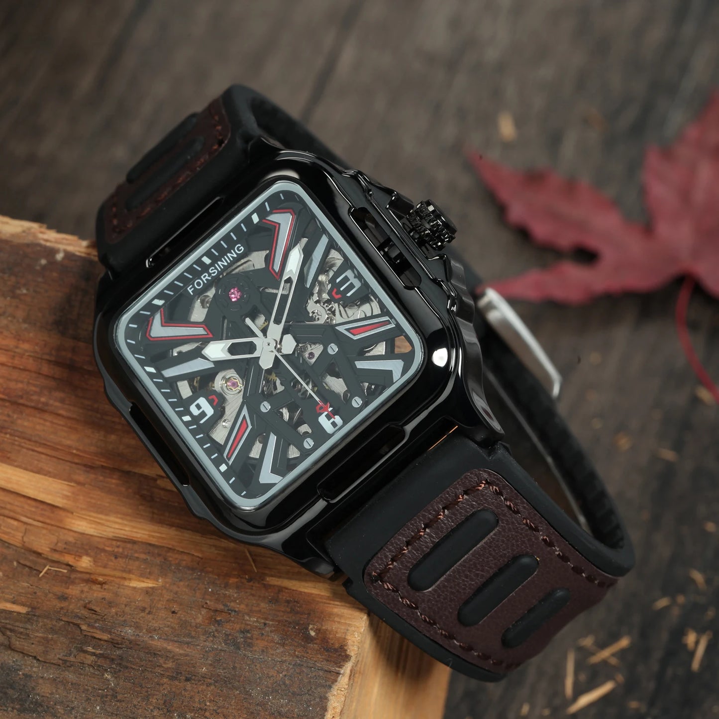 Excellence Gold Black Square Skeleton Automatic Watch for Men Luminous Hands Luxury Sports Mechanical Watches Rubber Leather Band