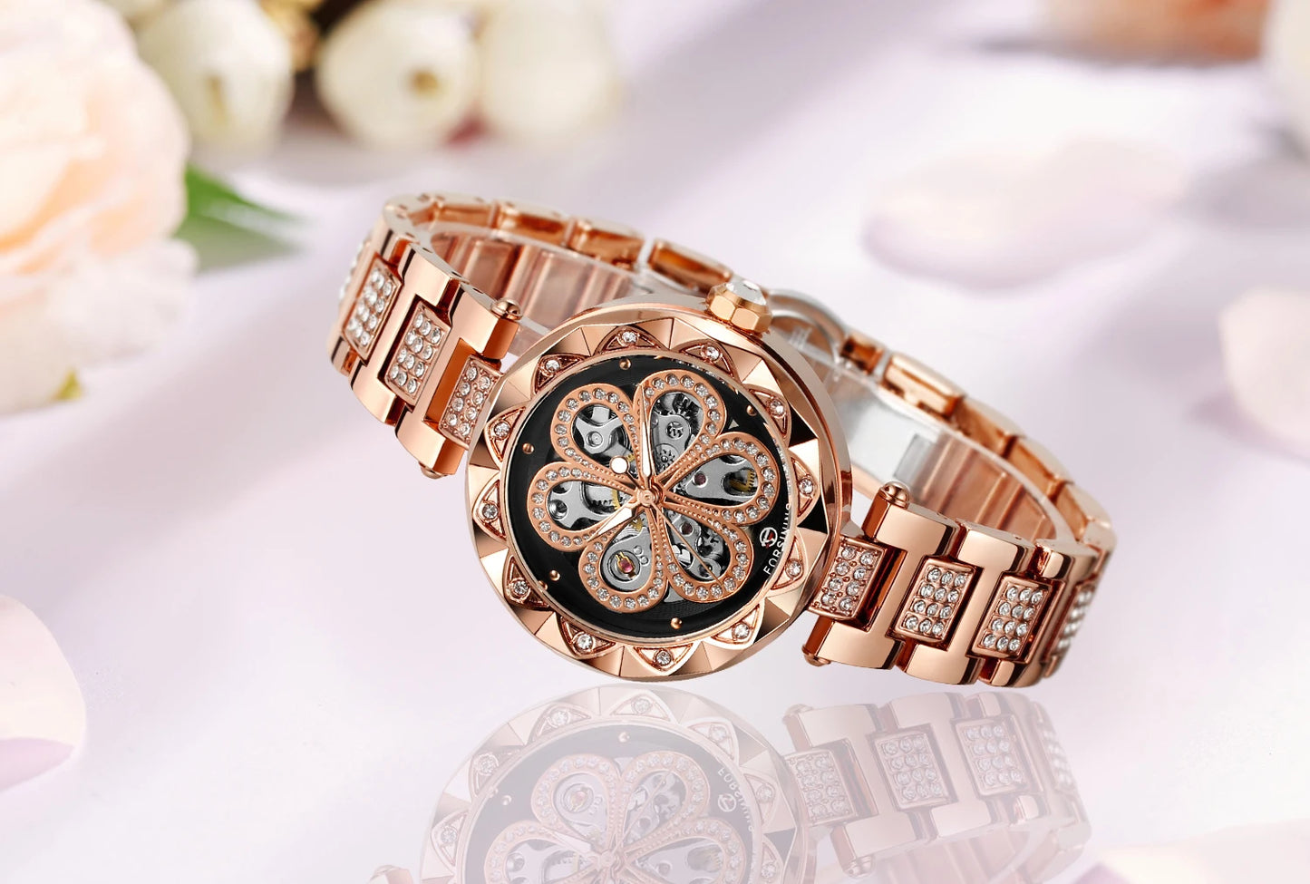 Excellence Skeleton Watch for Women Fashion Classics Diamond Automatic Mechanical Watches Luminous Hands Stainless Steel Strap