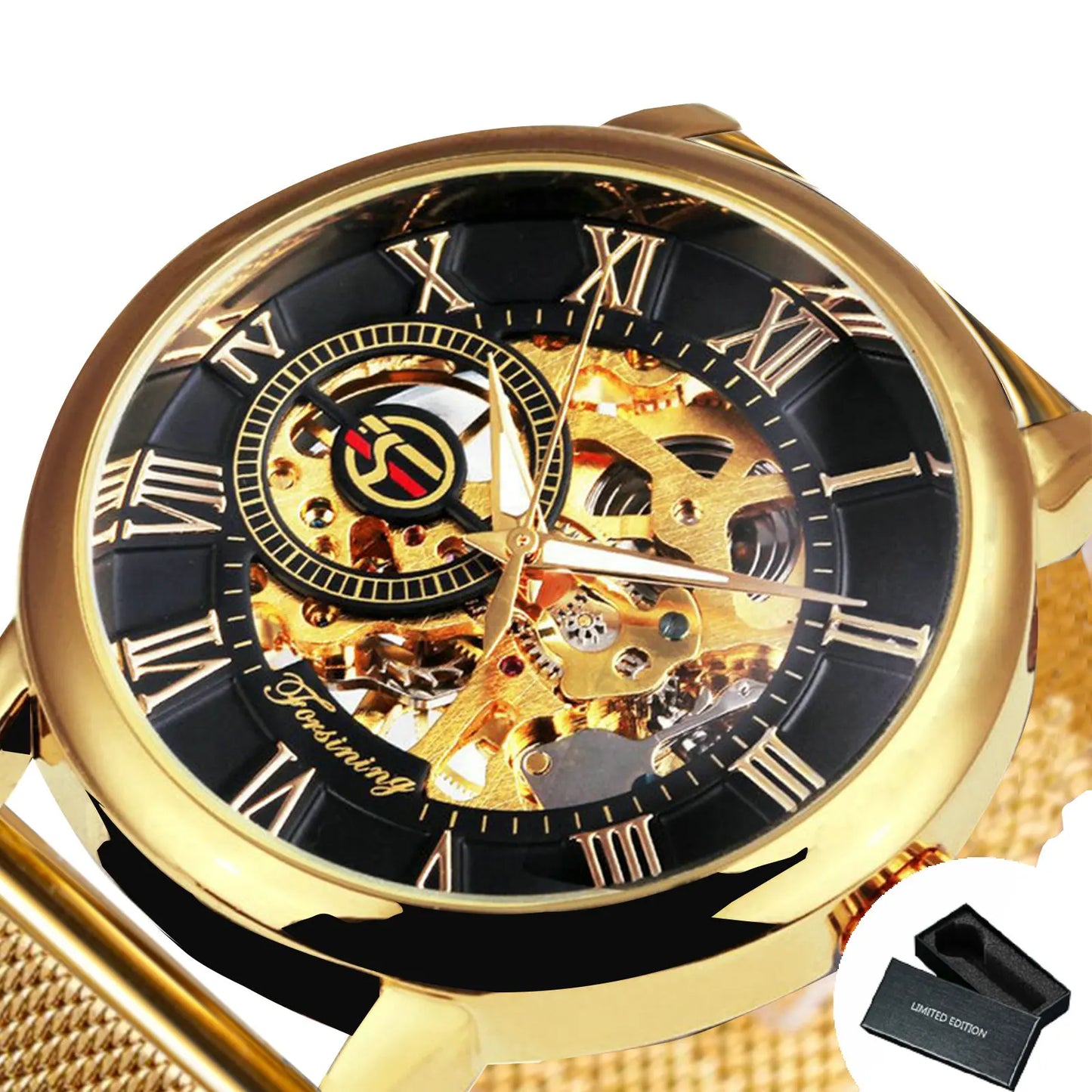 Excellence Classic Gold Mechanical Watch Retro Transparent Skeleton Men's Watches Top Brand Luxury Mesh Stainless Steel Strap Glow