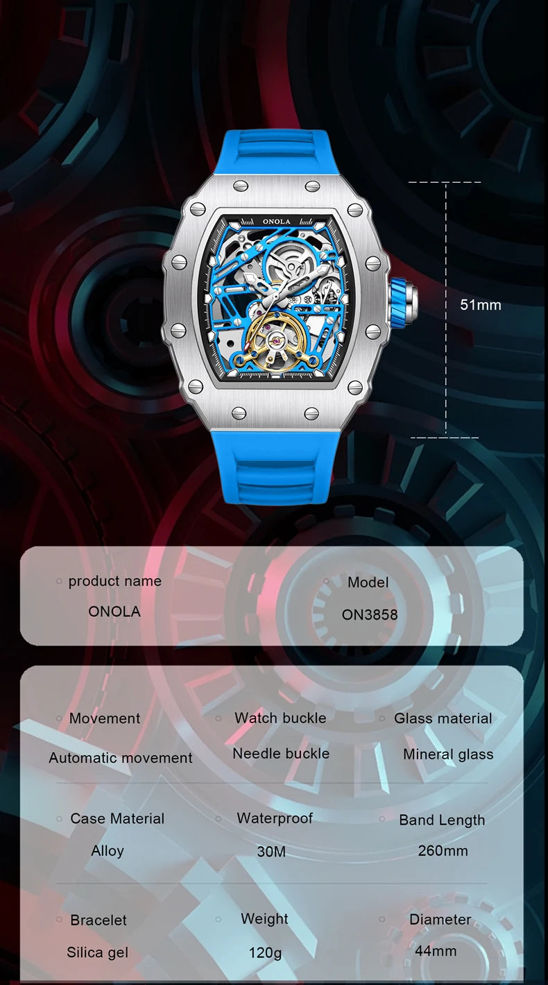 Excellence Luxury Men's Watch ONOLA Hollow Out Rudder Flywheel Fully Automatic Mechanical Waterproof Silicone Watch