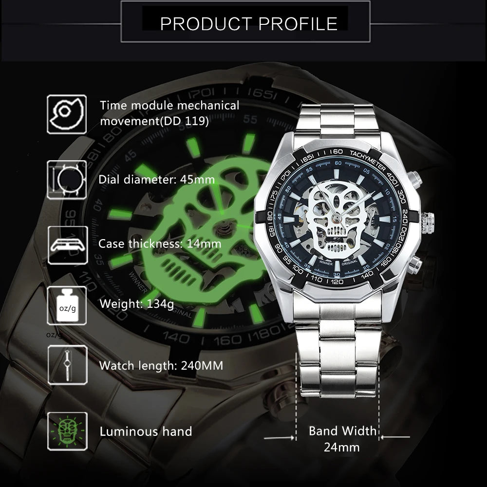 Excellence Classic Military Automatic Watch for Men Luminous Dial Sports Skull Skeleton Mechanical Watches Luxury Steel Band Clock