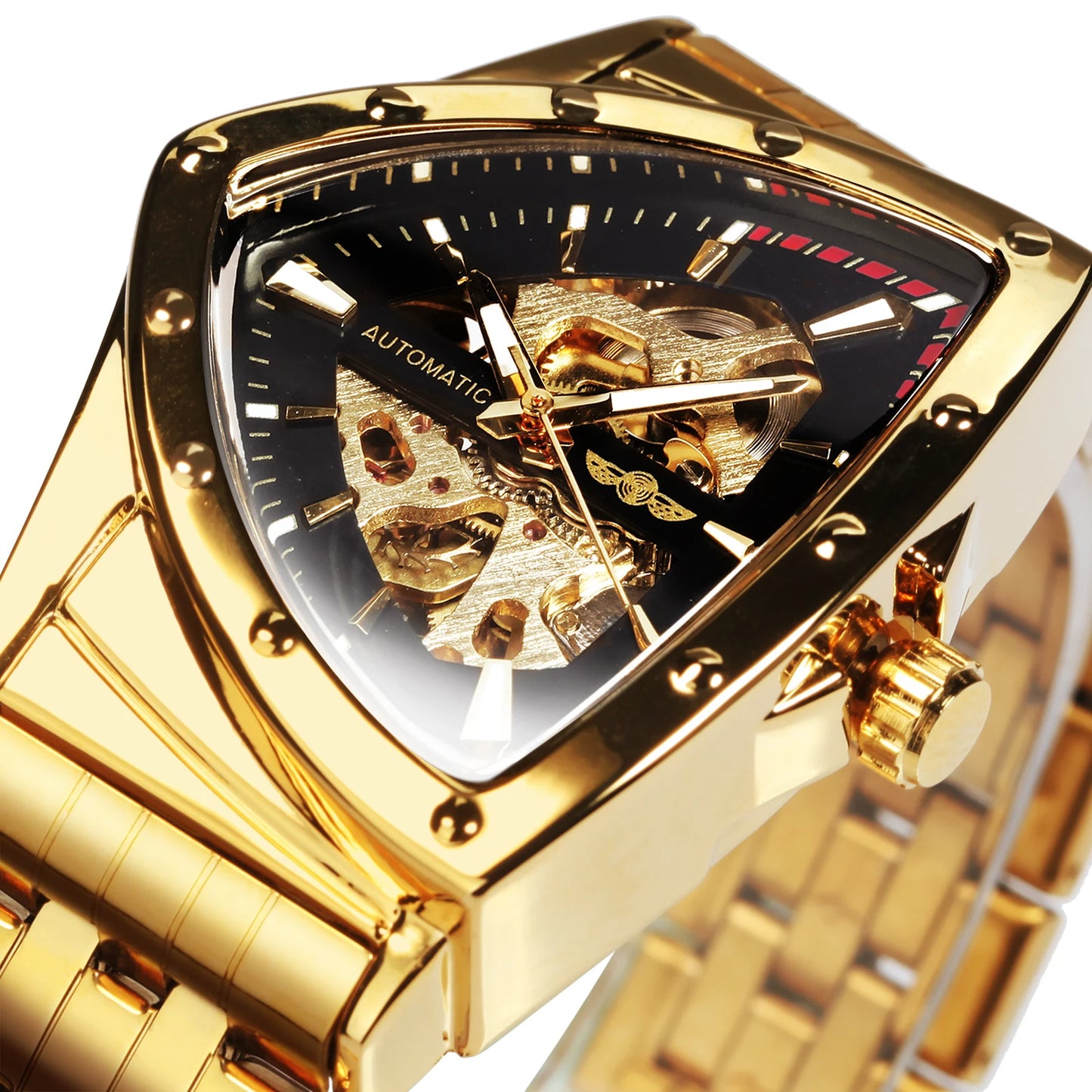 Excellence Military Triangle Skeleton Automatic Watch for Men Gold Sports Mechanical Watches Luxury Stainless Steel Strap Luminous