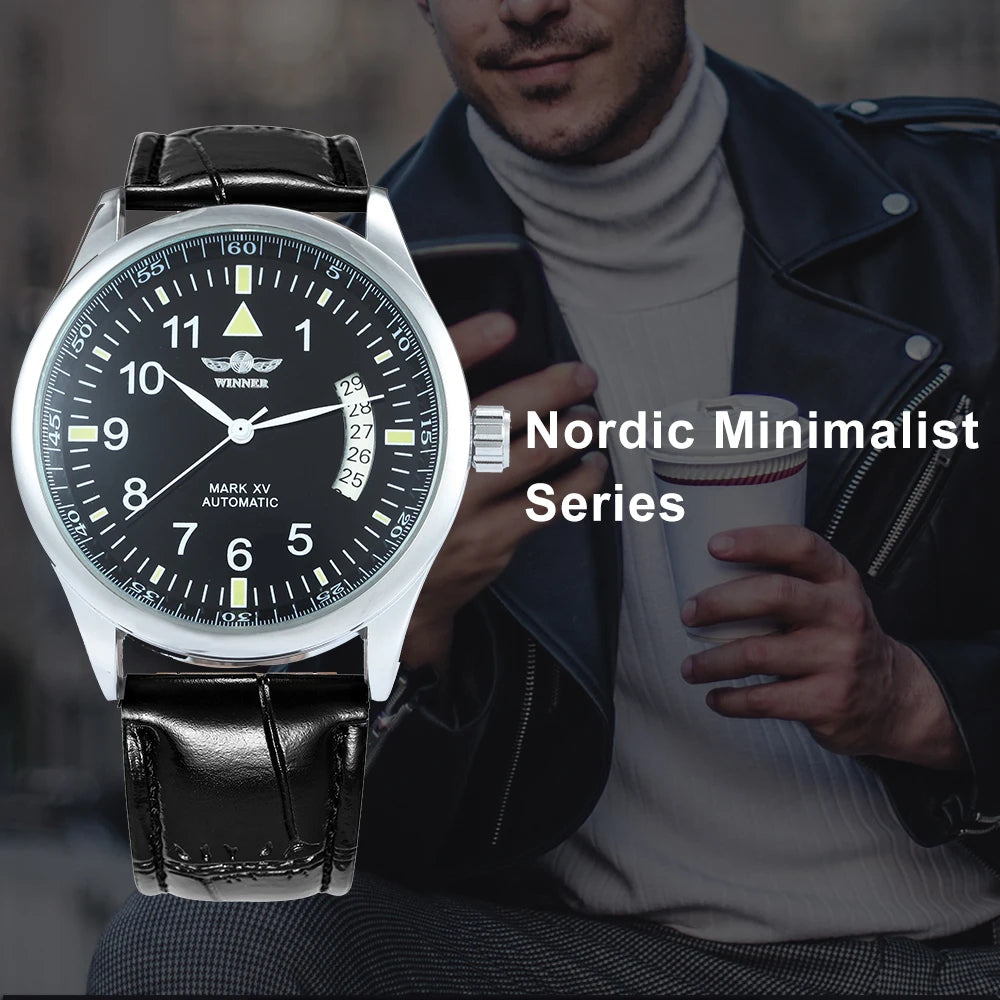 Excellence Business Automatic Watch for Men Calendar Window Fashion Black Dial Fashion Leather Strap Luxury Brand Mechanical Watch