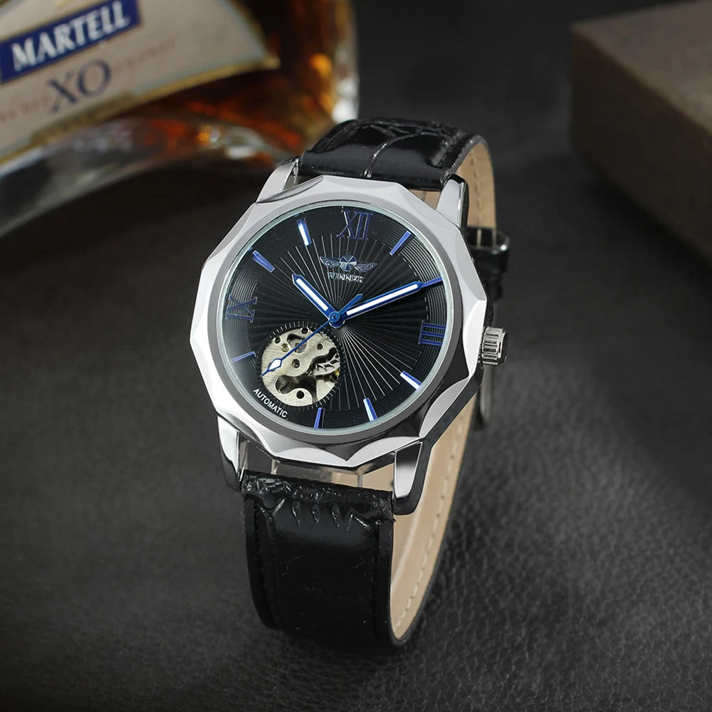 Excellence Business Irregular Skeleton Automatic Mechanical Watch for Men Luminous Hands Leather Steel Strap Fashion Simple Watch