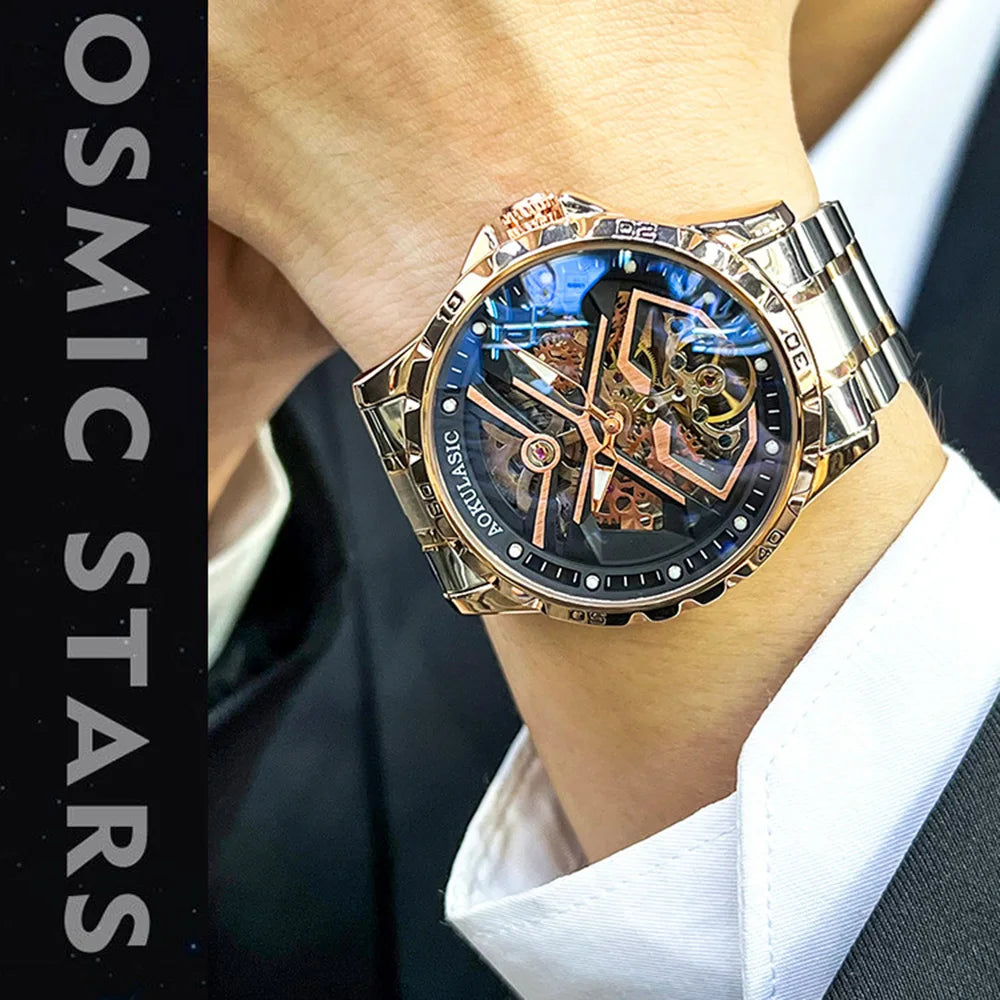 Excellence Fashion Tourbillon Skeleton Mechanical Watches Luminous Hands Rose Gold Automatic Watch for Men Steel Leather Strap