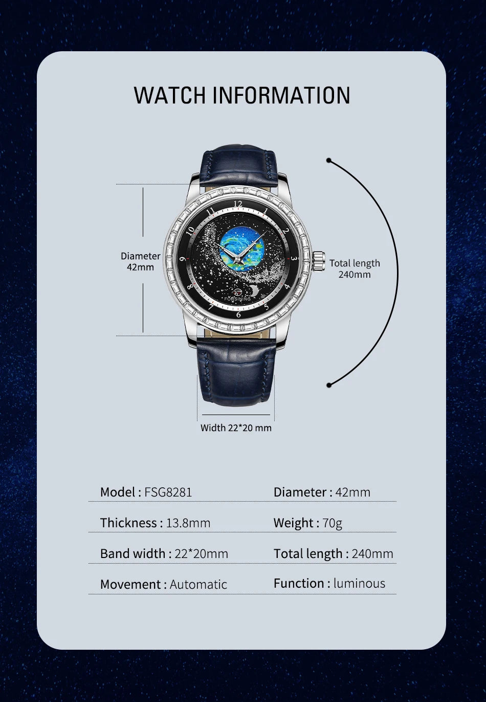 Excellence Design Earth Star Moon Set With Diamonds Genuine Belt Men Mechanical Automatic Watch Waterproof For Business