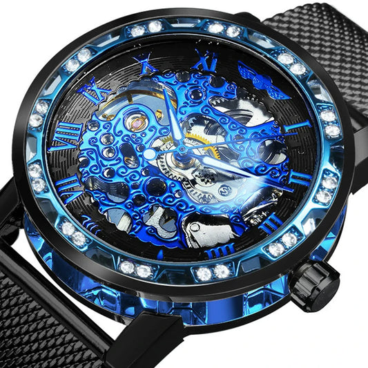 Excellence Classic Retro Mechanical Watches Luxury Iced Out Blue Skeleton Watch for Men Luminous Hands Mesh Stainless Steel Strap