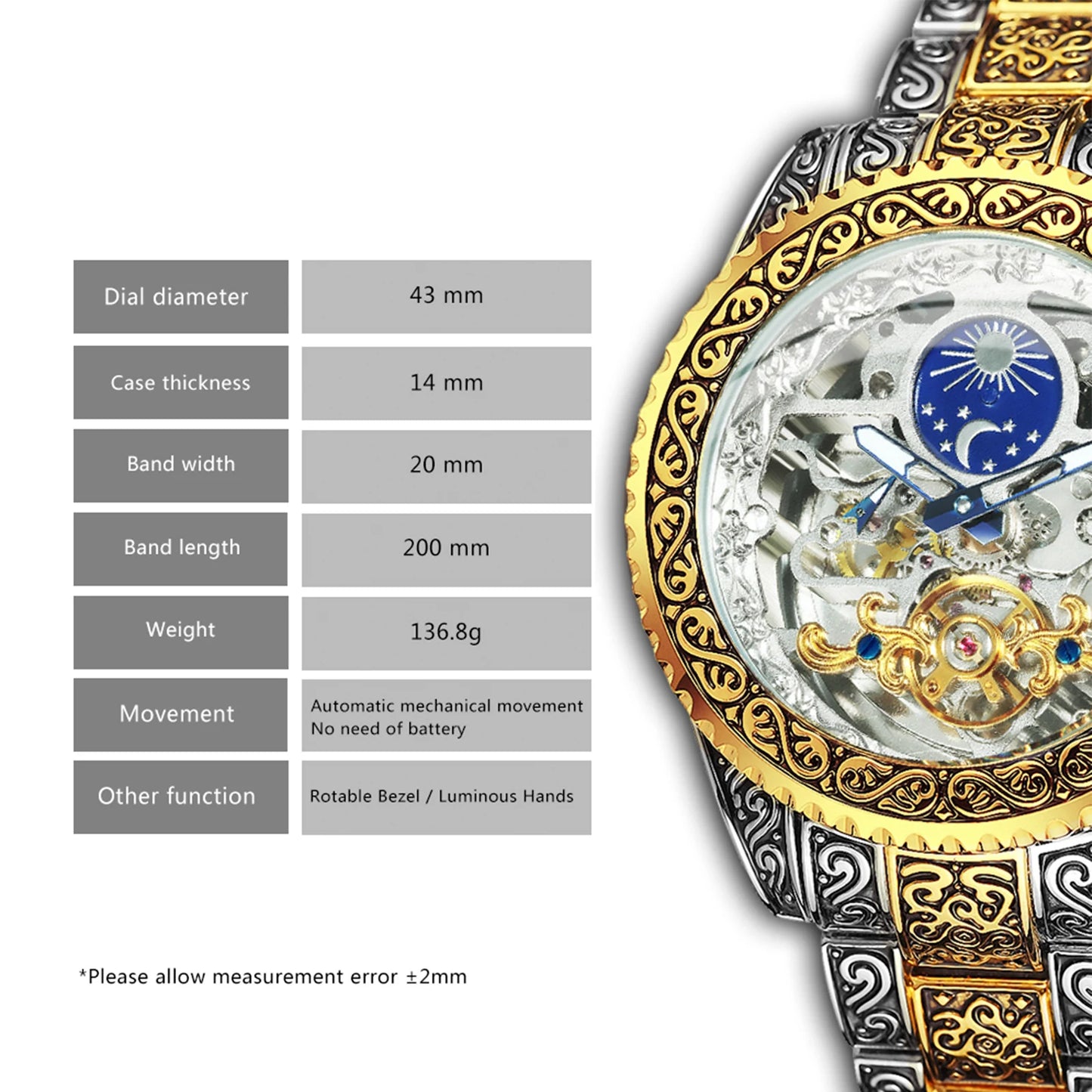 Excellence Luxury Gold Skeleton Mechanical Watches Moon Phase Retro Engraved Luminous Tourbillon Automatic Men's Watch Steel Strap