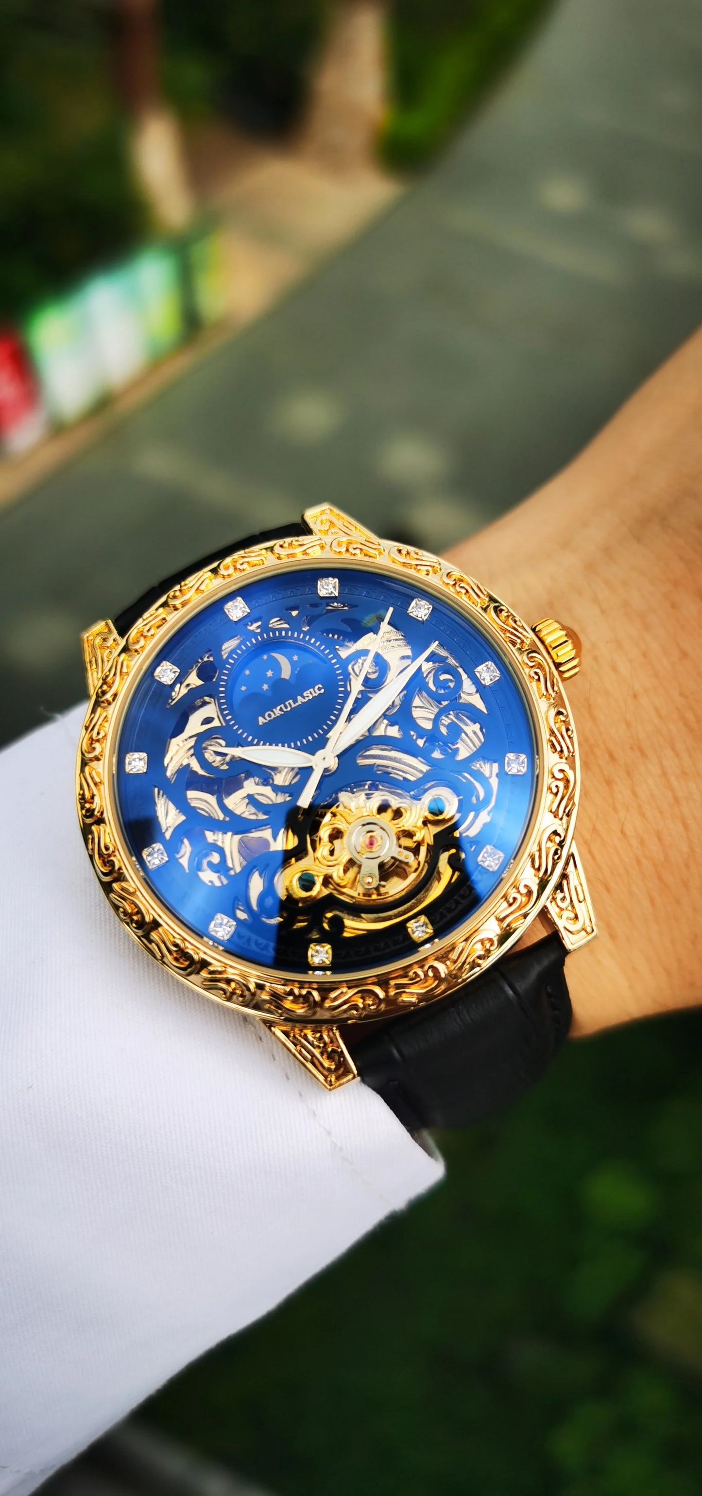 Excellence Skeleton Men's Watches Top Brand Luxury Engraved Case Moon Phase Automatic Mechanical Watch Leather Belt