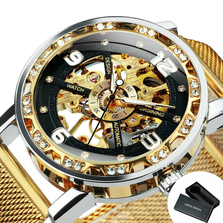 Forsining Vintage Luxury Mechanical Watches Classic Iced Out Gold Skeleton Watch for Men Luminous Hands Stainless Steel Strap