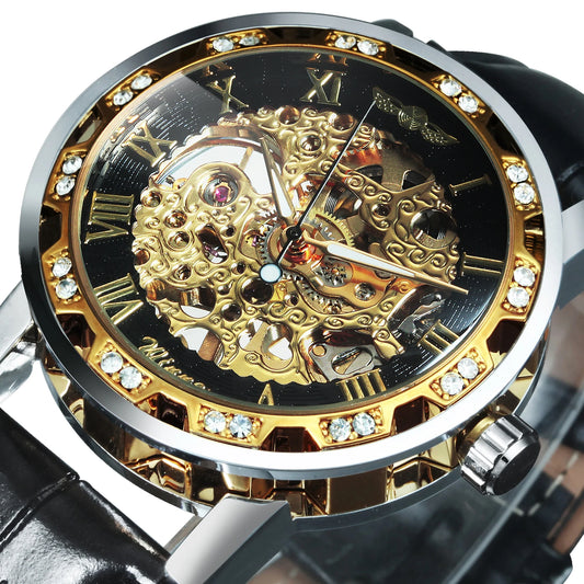 Excellence  Classic Elegant Mechanical Watch for Women Vintage Gold Skeleton Ladies Watches Top Brand Luxury Diamond Leather Strap