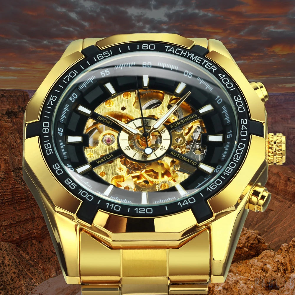 Excellence Classic Skeleton Watch for Men Luminous Hands Mechanical Watches Stainless Steel Strap Luxury Brand Forsining Wristwatch