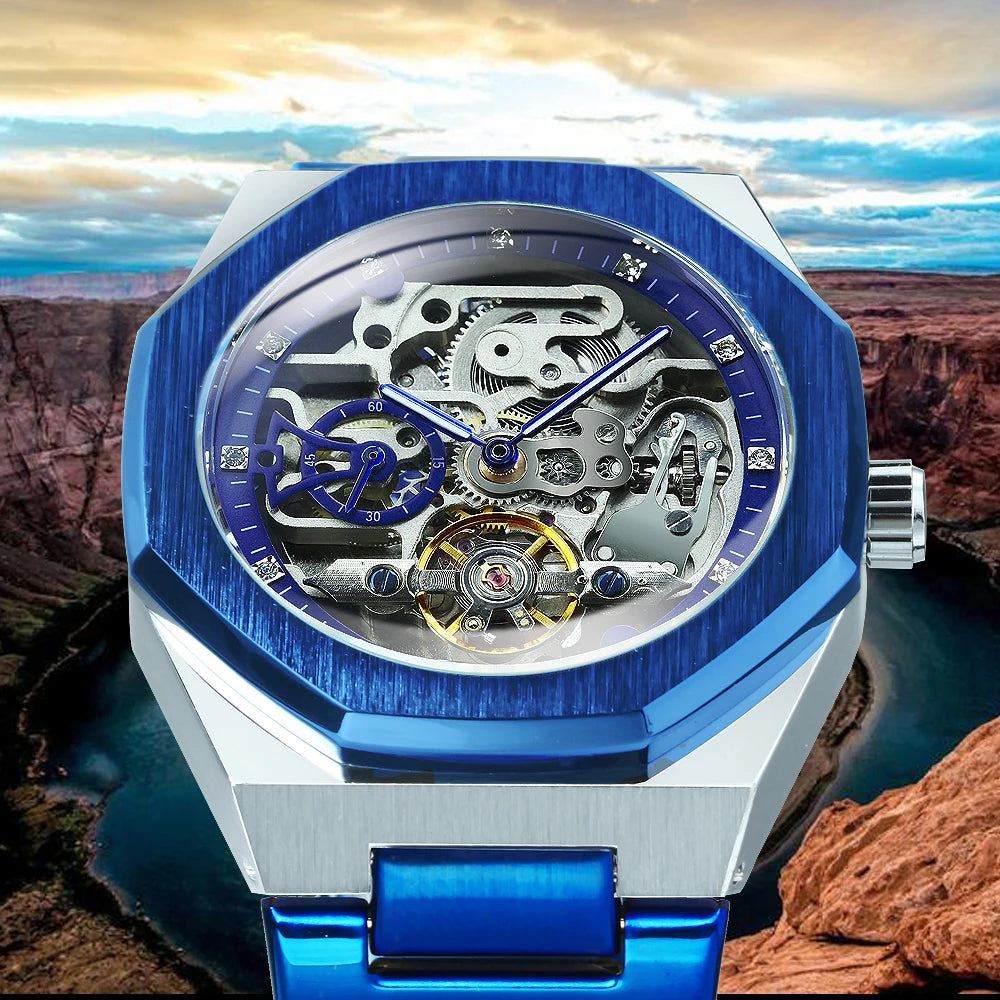 Excellence Casual Automatic Mechanical Watch for Men Luminous Hands Stainless Steel Strap Fashion Luxury Skeleton Men's Watches