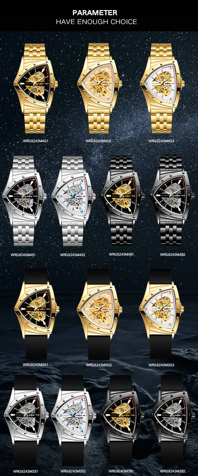 Excellence Military Triangle Skeleton Automatic Watch for Men Gold Sports Mechanical Watches Luxury Rubber strap Luminous