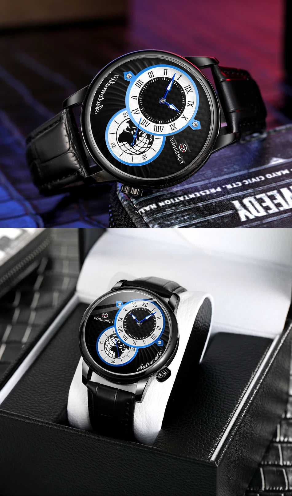 Excellence Earth Image Two Dial Automatic Self-Wind Mechanical Watch Fashion Men watch Waterproof Mesh strap