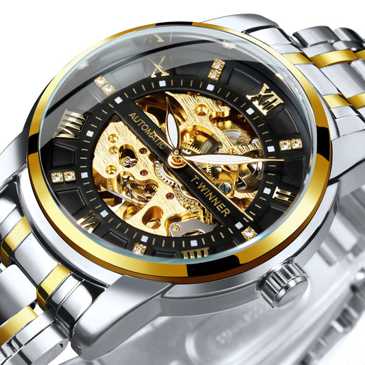 Excellence Gold Black Mechanical Watches Classic Retro Iced Out Skeleton Automatic Watch for Men Stainless Steel Band Luminous Hands