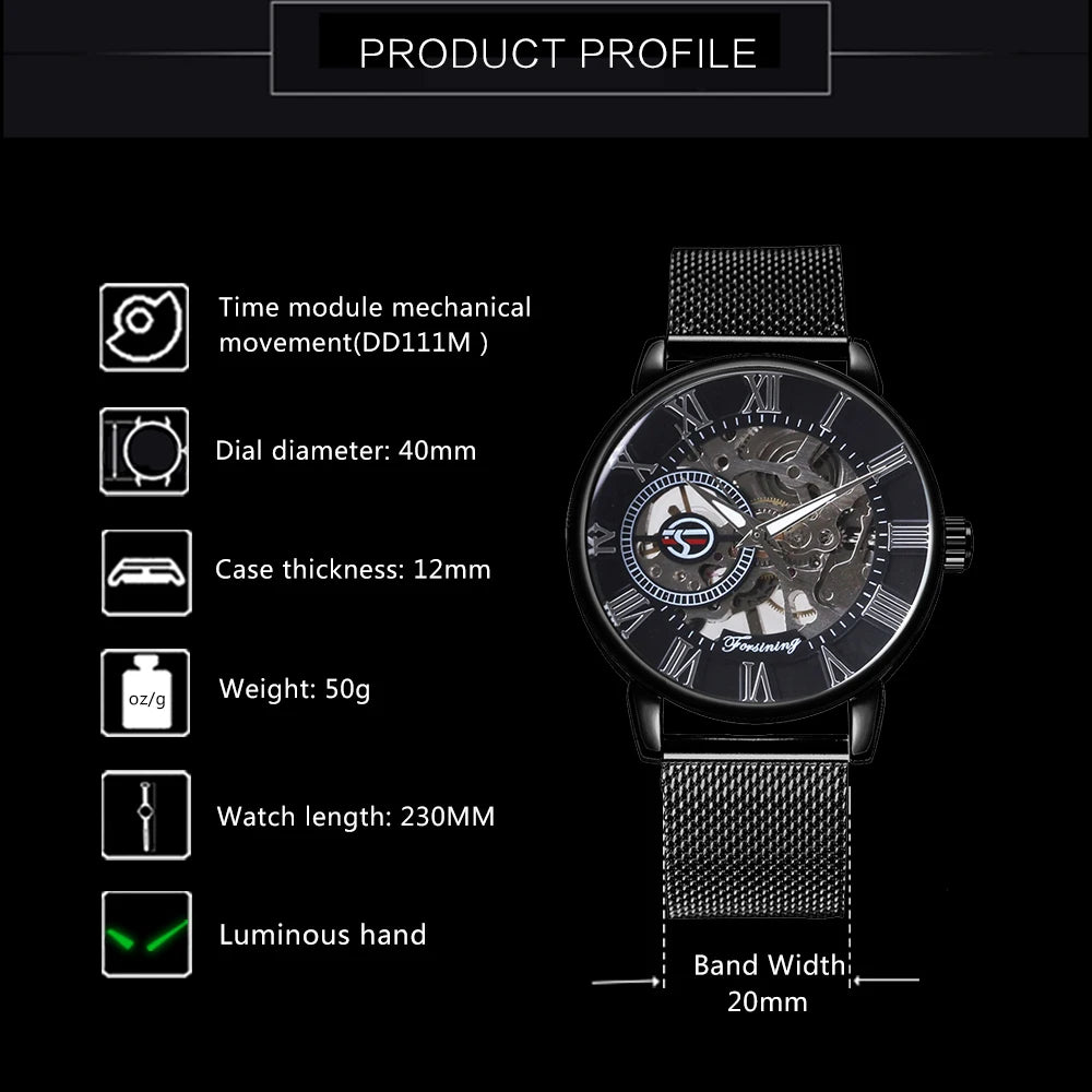 Excellence Classic Gold Mechanical Watch Retro Transparent Skeleton Men's Watches Top Brand Luxury Mesh Stainless Steel Strap Glow