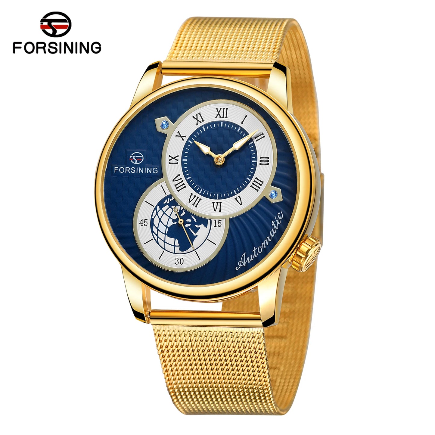 Excellence Earth Image Two Dial Automatic Self-Wind Mechanical Watch Fashion Men watch Waterproof Mesh strap