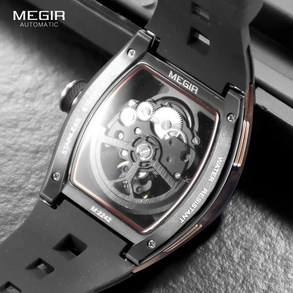 Excellence Automatic Wristwatch Men Fashion Black Silicone Strap Waterproof Luminous Sport Mechanical Watch with Tonneau Dial