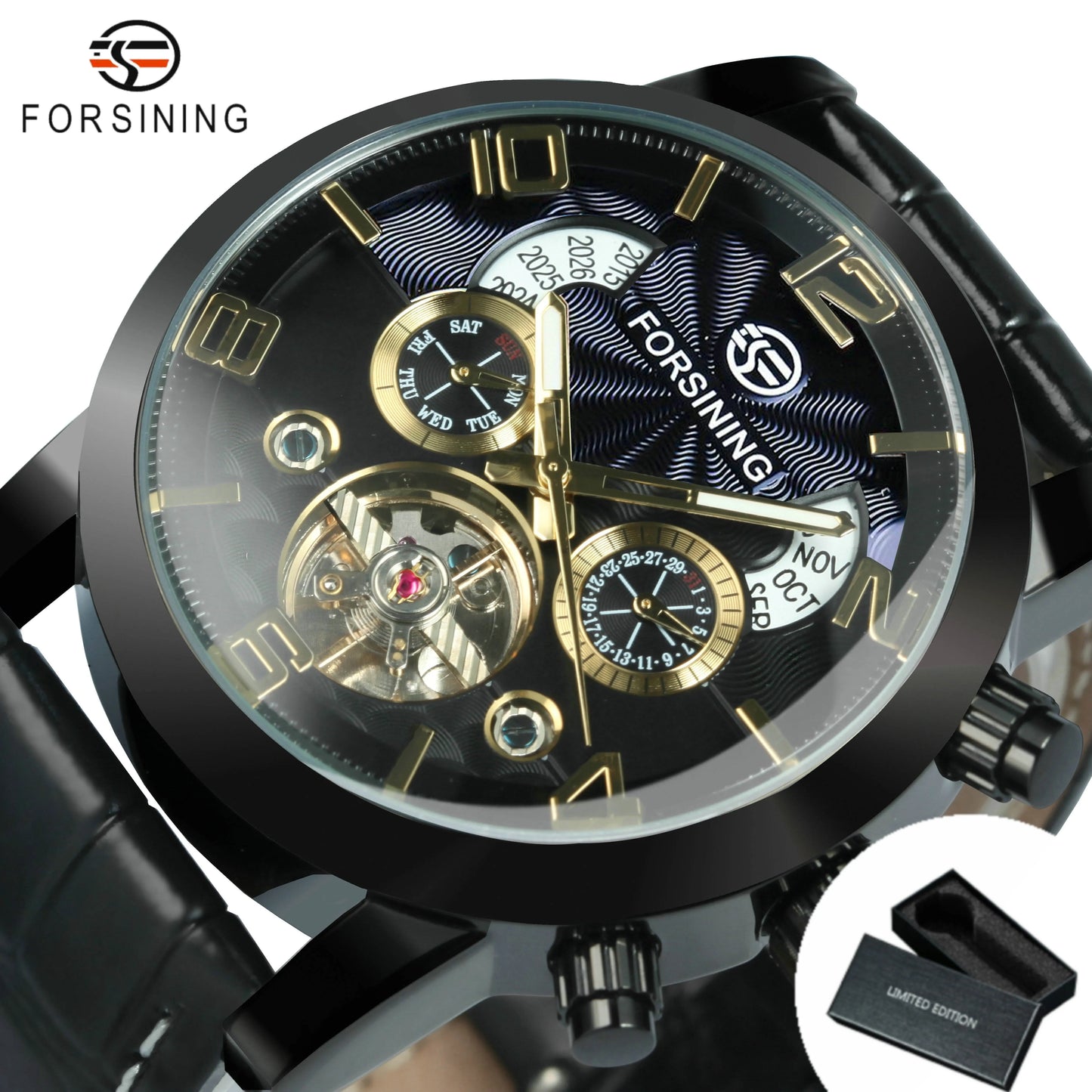 Excellence Tourbillon Skeleton Automatic Mechanical Watch for Men Calendar Window Week Display Leather Belt Classic Watches