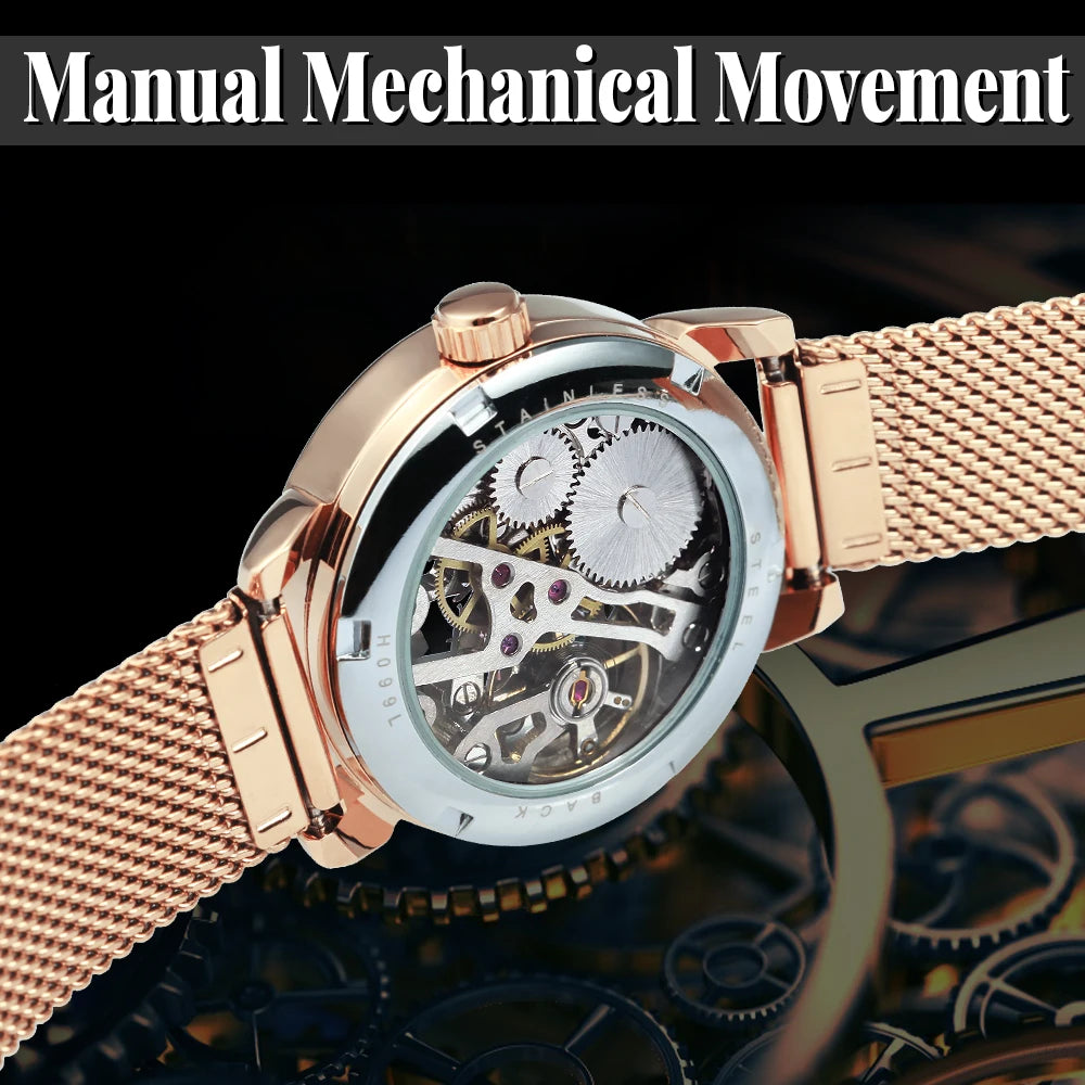 Excellence Rose Gold Skeleton Mechanical Watch for Women Fashion Luminous Hands Elegant Luxury Ladies Watches Mesh Steel Strap