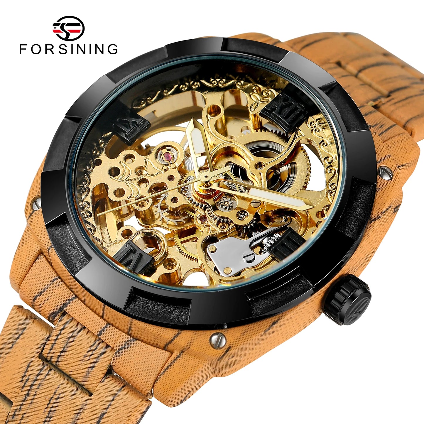 Excellence Skeleton Wristwatches Coffee Imitation Wood Grain Stainless Steel Strip Transparent Automatic Mechanical Watches Men