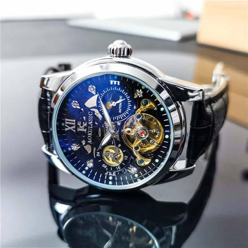 Excellence Skeleton Men's Watches Top Brand Luxury Moon Phase 24 Hours Display Iced Out Automatic Mechanical Watch Leather Strap