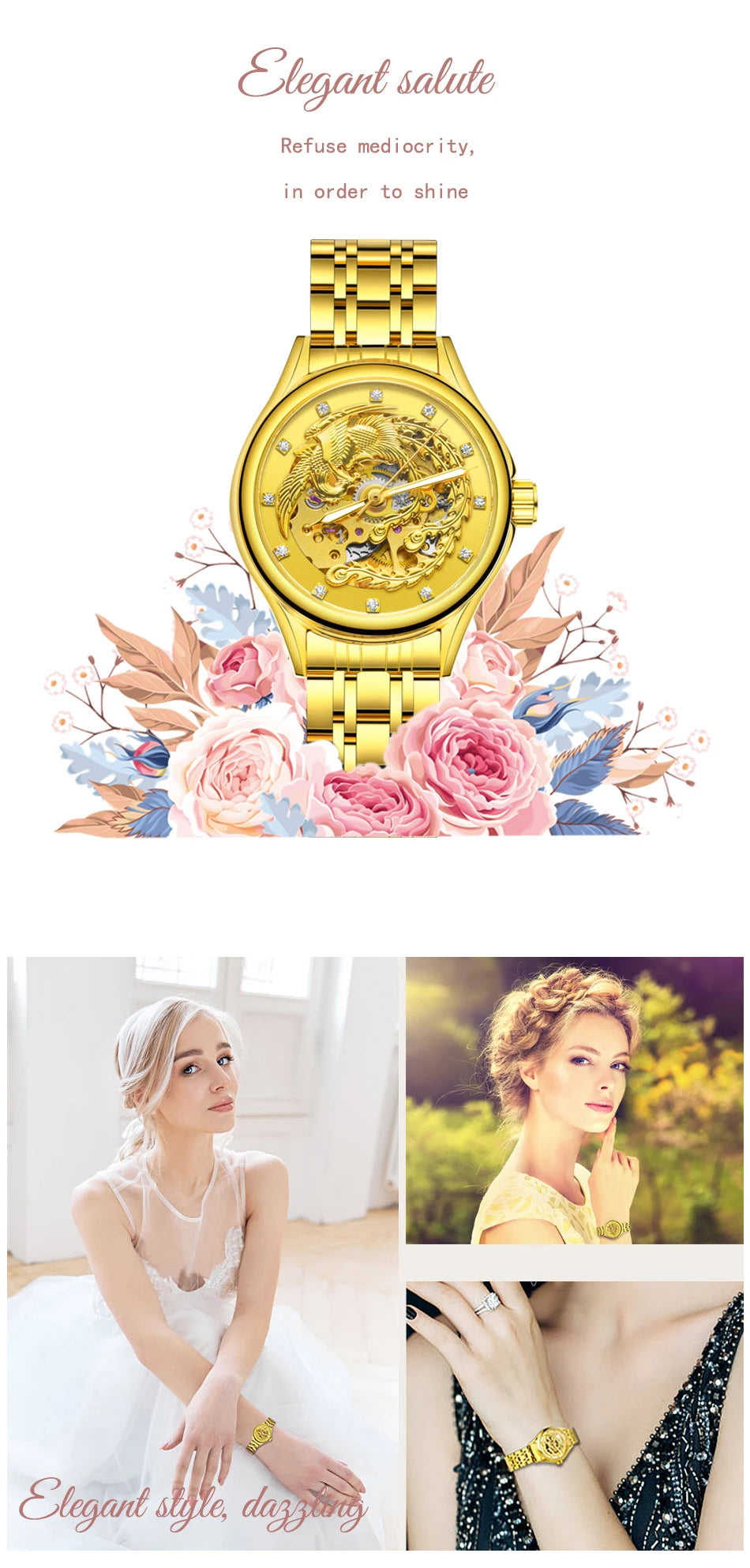 Excellence Skeleton Dial Golden Phoenix Women Fashion Automatic Watch Luxury Waterproof Mechanical Girl Wrist Lady Watch