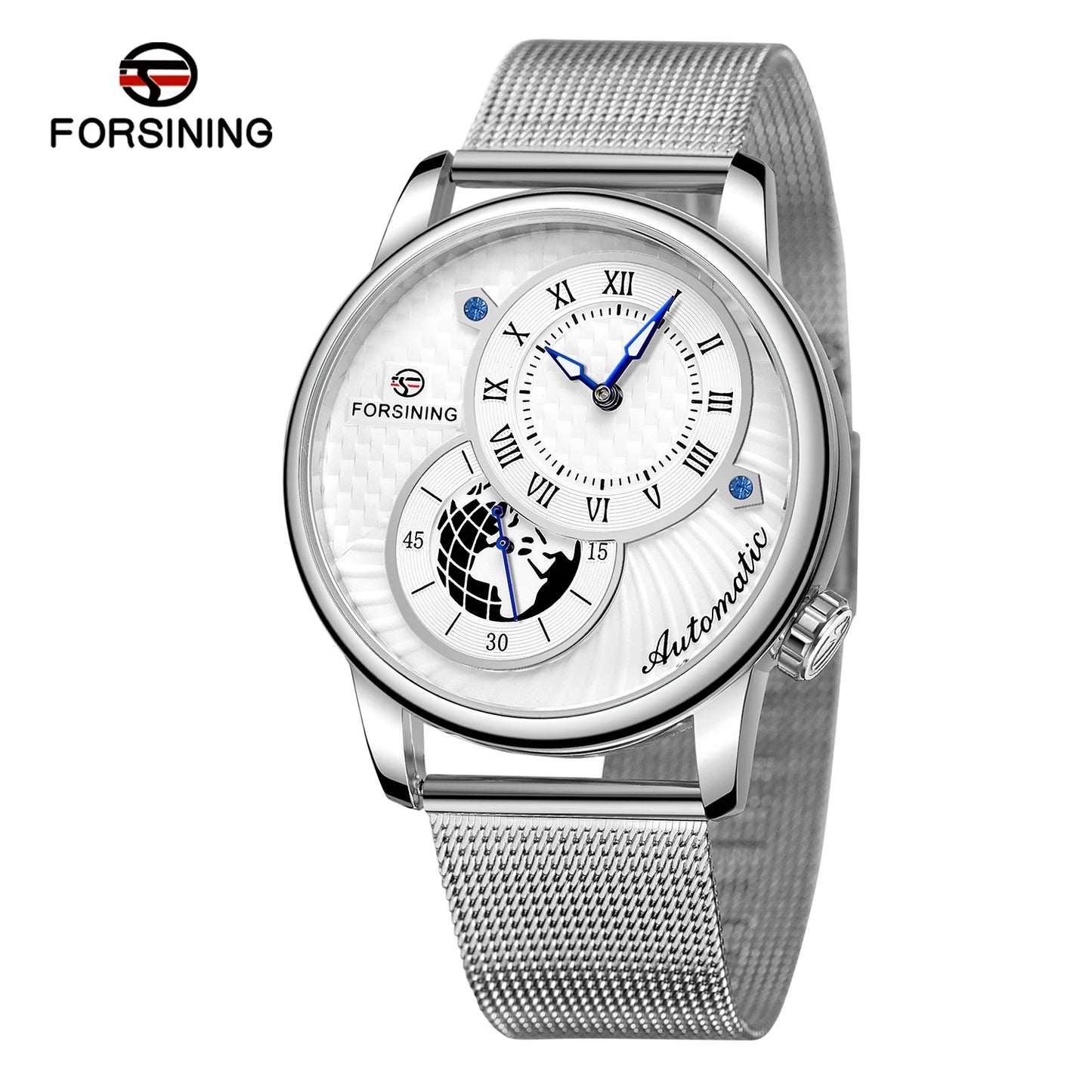 Excellence Earth Image Two Dial Automatic Self-Wind Mechanical Watch Fashion Men watch Waterproof Mesh strap