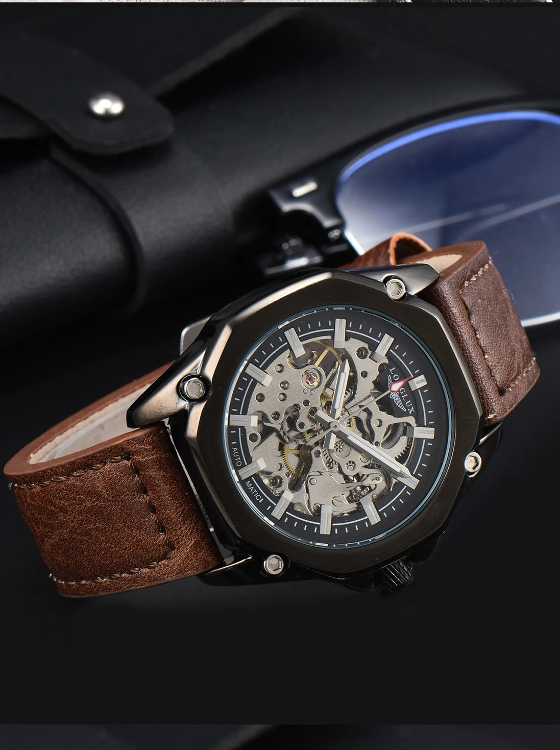 Excellence automatic watch sport style wholesale mechanical wristwatches fashion hollow leather men's watch men gift