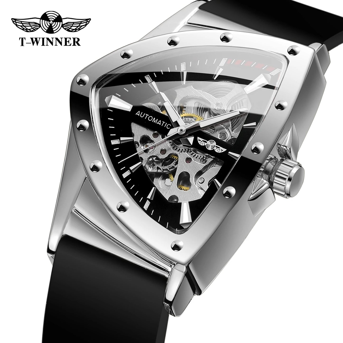 Excellence Military Triangle Skeleton Automatic Watch for Men Gold Sports Mechanical Watches Luxury Rubber strap Luminous