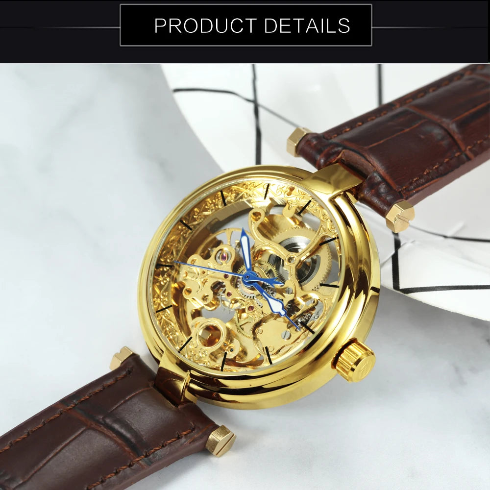 Excellence Fashion Luxury Skeleton Automatic Watch for Women Luminous Hands Elegant Gold Mechanical Ladies Watches Leather Strap