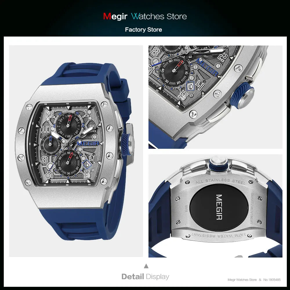 Excellence  Stainless Steel Quartz Watch for Men Fashion Waterproof Luminous Chronograph Wristwatch with Auto Date Silicone Strap