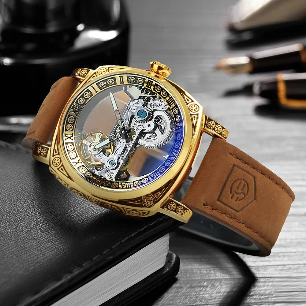 Excellence Square Luxury Skeleton Mechanical Watches Retro Engraved Case Golden Bridge Automatic Men's Watch Genuine Leather Strap