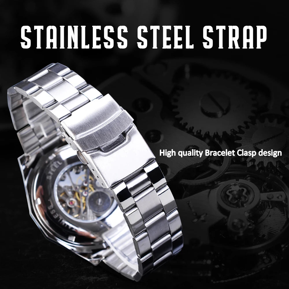 Excellence Classic Skeleton Watch for Men Luminous Hands Mechanical Watches Stainless Steel Strap Luxury Brand Forsining Wristwatch