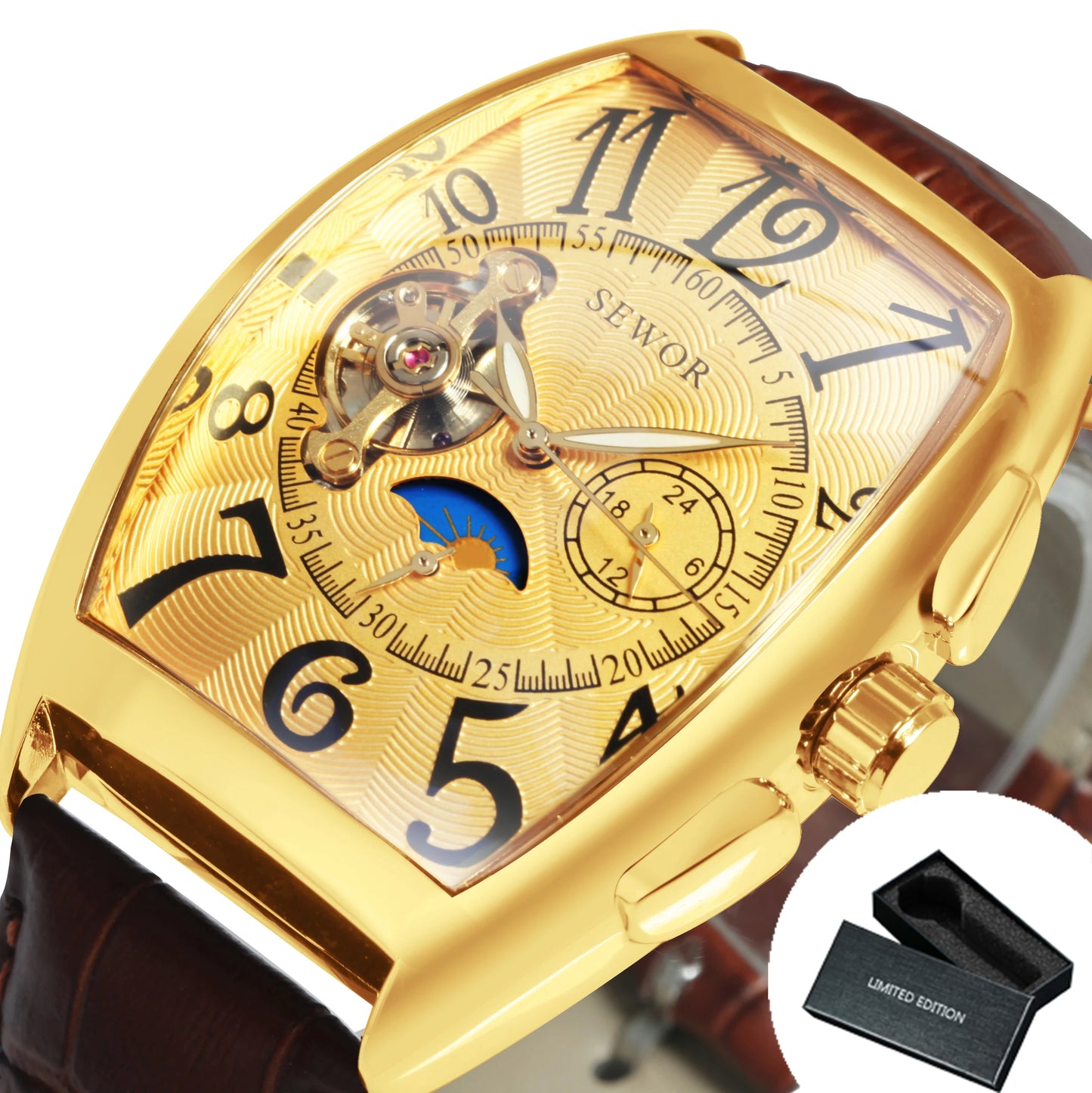 Excellence Luxury Skeleton Automatic Men's Watch Moon Phase Tonneau Tourbillon Mechanical Watches Genuine Leather Strap Luminous Hands