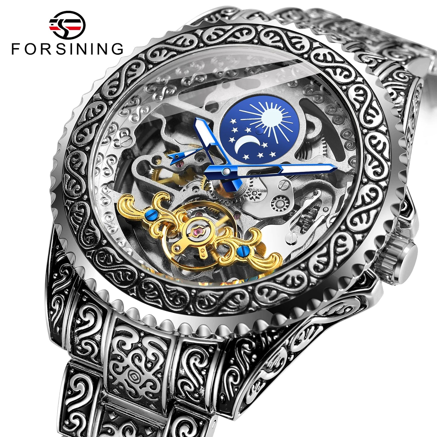 Excellence Luxury Transparent Skeleton Automatic Mechanical Wristwatch Stainless Steel Moonphase Watch Men's Watch