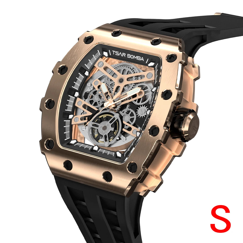 TSAR BOMBA Mens Automatic Watch MIYOTA Movement Skeleton Tonneau Waterproof Wristwatch Luxury Clock Mechanical Watch for Men