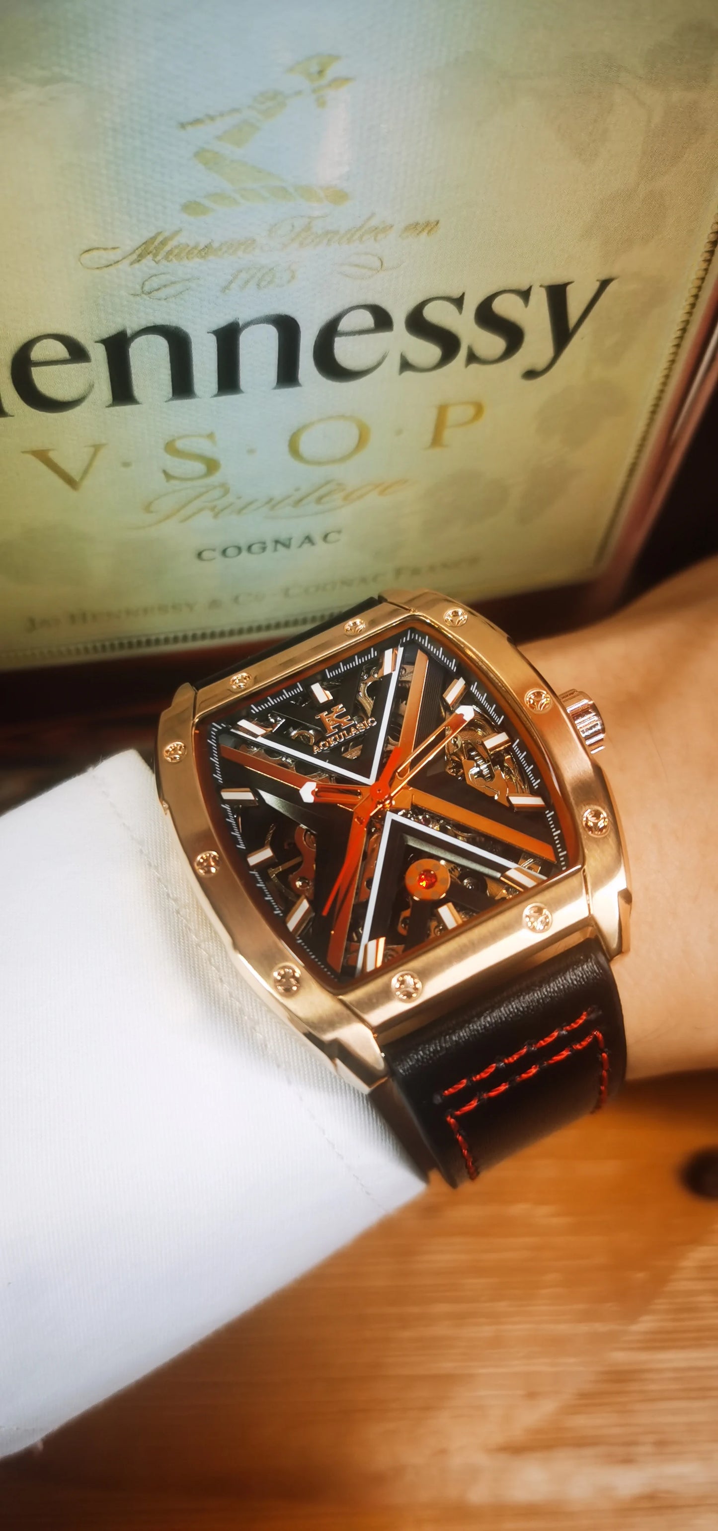 Excellence  Rose Gold Mechanical Watches Luxury Brand Skeleton Automatic Watch for Men Engraved Movement Leather Strap