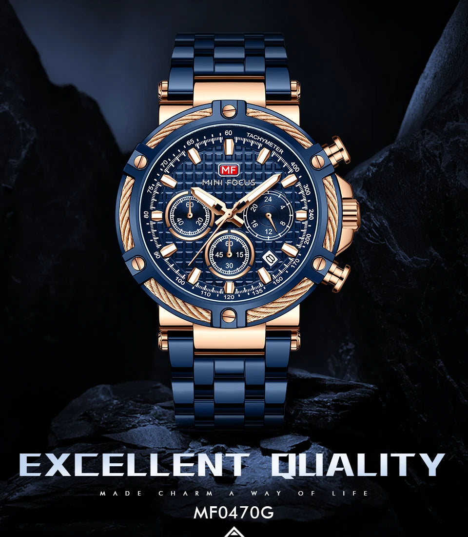 Excellence Sports Quartz Watch for Men Fashion Multifunction Sub-Dials Calendar Stainless Steel Strap Luxury Men's Watches 0470G